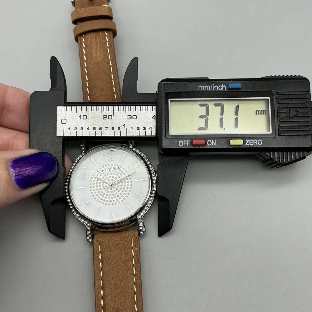 Anne Klein Womens Watch 37mm MOP Dial Brown Leather Crystals New Battery